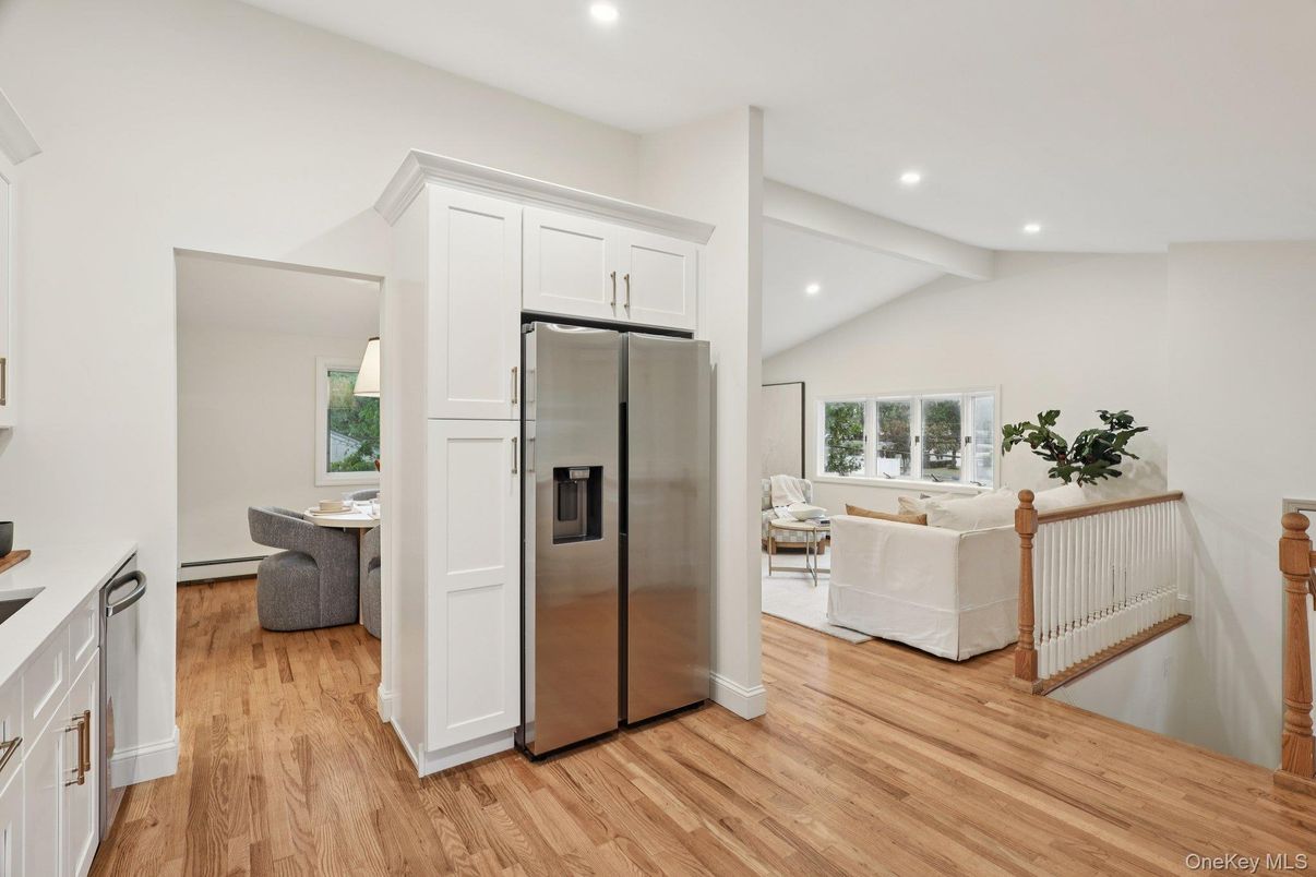 Interior, Kitchen, Living room, Recessed Lighting, Stainless Steel Appliances, Wood Texture Flooring