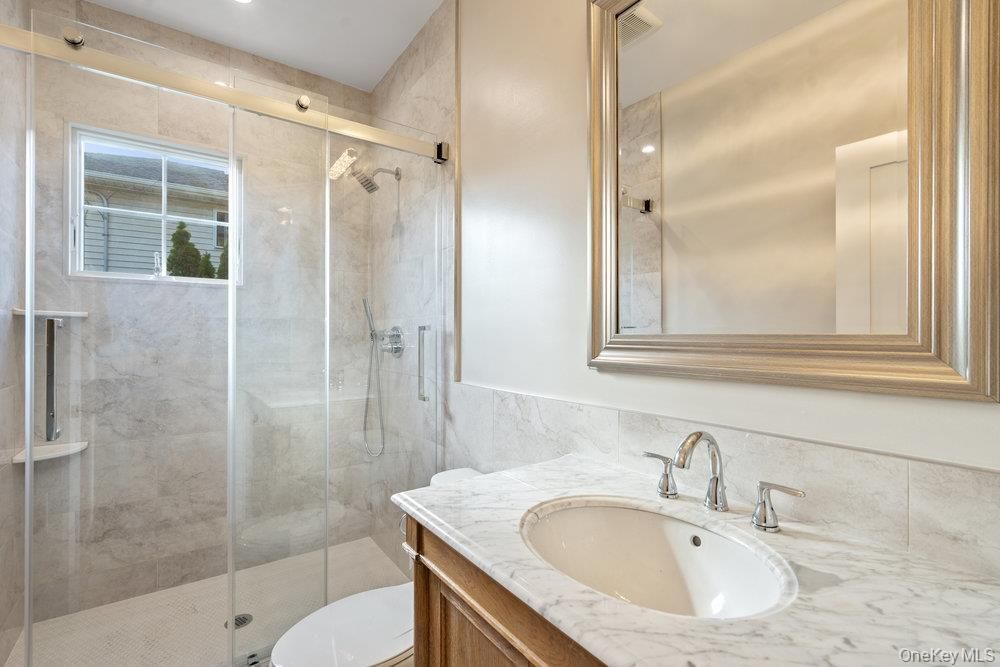 Bathroom, Glass Shower, Interior, Marble Walls, Recessed Lighting
