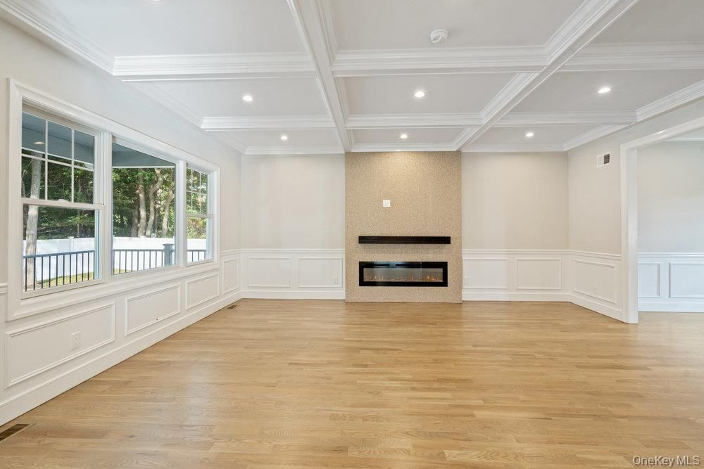 Empty room, Fireplace, Interior, Recessed Lighting, Wood Texture Flooring