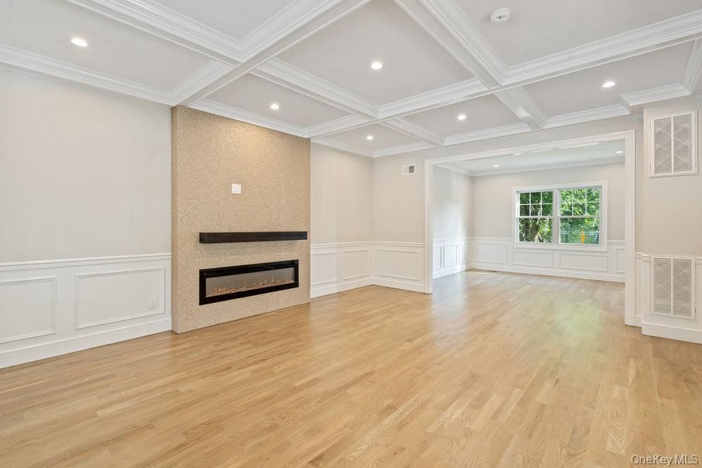 Empty room, Fireplace, Interior, Recessed Lighting, Wood Texture Flooring