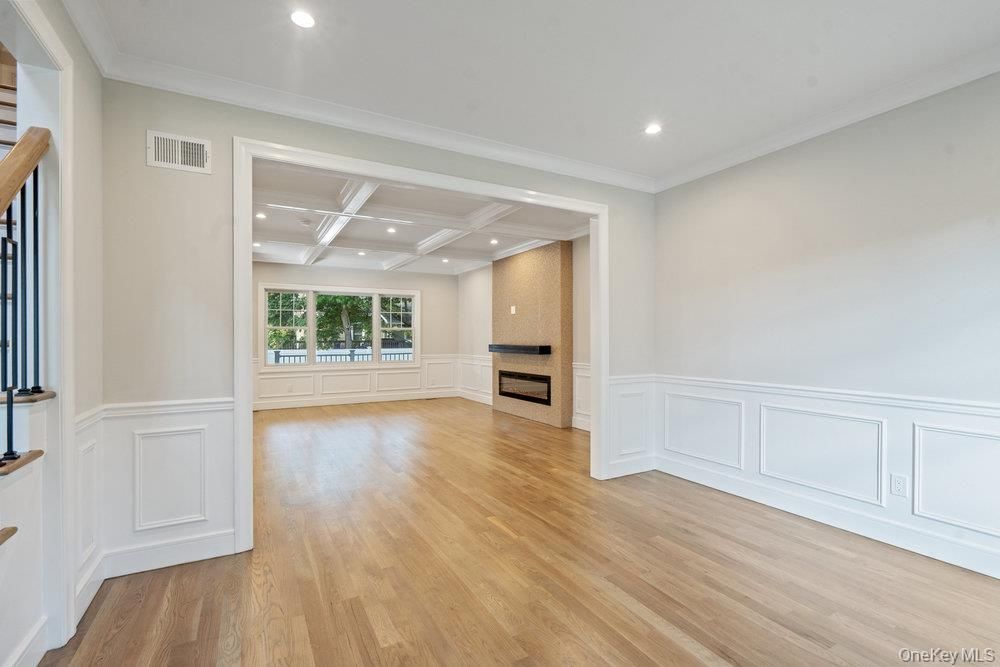 Empty room, Fireplace, Interior, Recessed Lighting, Wood Texture Flooring
