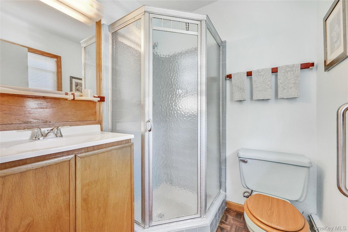 Bathroom, Glass Shower, Interior, Wood Texture Flooring