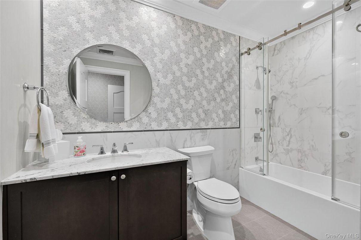 Bathroom, Glass Shower, Interior, Marble Walls, Recessed Lighting