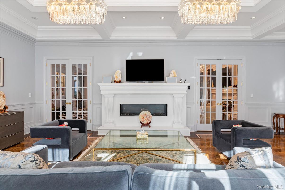 Chandelier, Fireplace, Interior, Living room, Recessed Lighting, Wood Texture Flooring