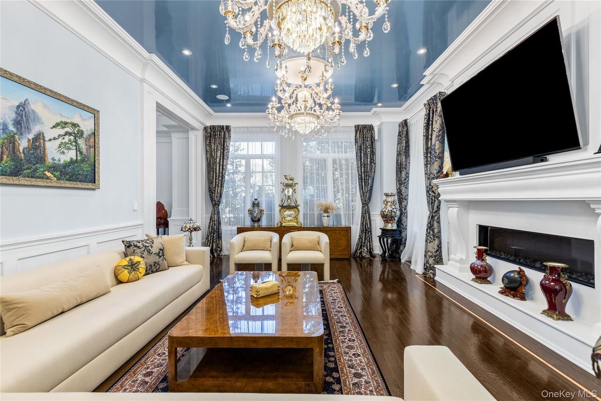 Chandelier, Fireplace, Interior, Living room, Recessed Lighting, Wood Texture Flooring