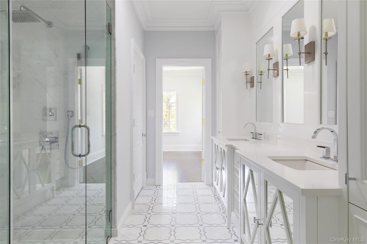 Bathroom, Dual Sink Vanities, Glass Shower, Interior, Marble, Marble Walls