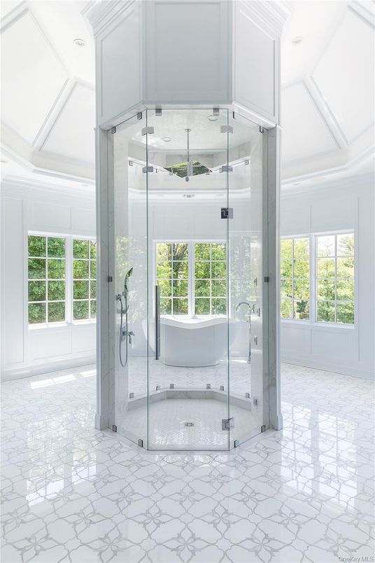 Bathroom, Glass Shower, Interior, Marble, Recessed Lighting