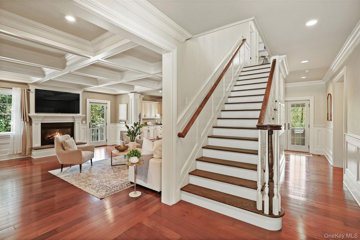 Fireplace, Interior, Living room, Recessed Lighting, Wood Texture Flooring