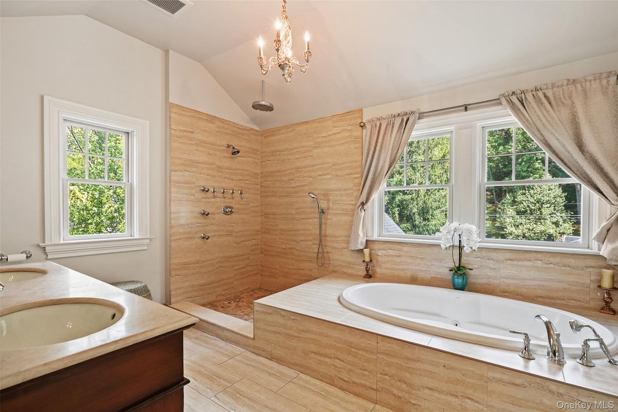 Bathroom, Chandelier, Dual Sink Vanities, Interior, Wooden Walls