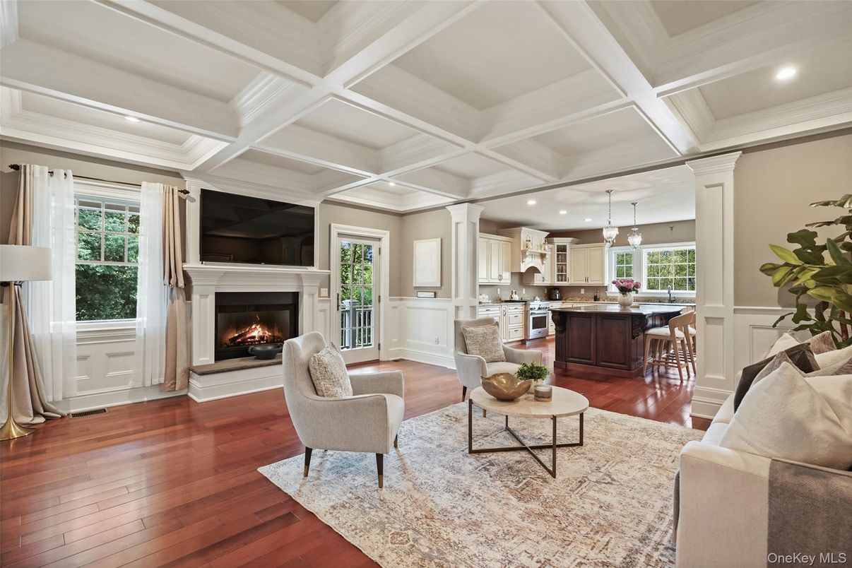 Fireplace, Interior, Kitchen, Living room, Pendant Lights, Recessed Lighting, Wood Texture Flooring