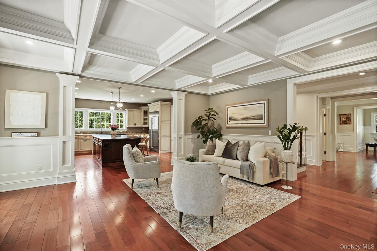 Chandelier, Interior, Kitchen, Living room, Pendant Lights, Recessed Lighting, Stainless Steel Appliances, Wood Texture Flooring