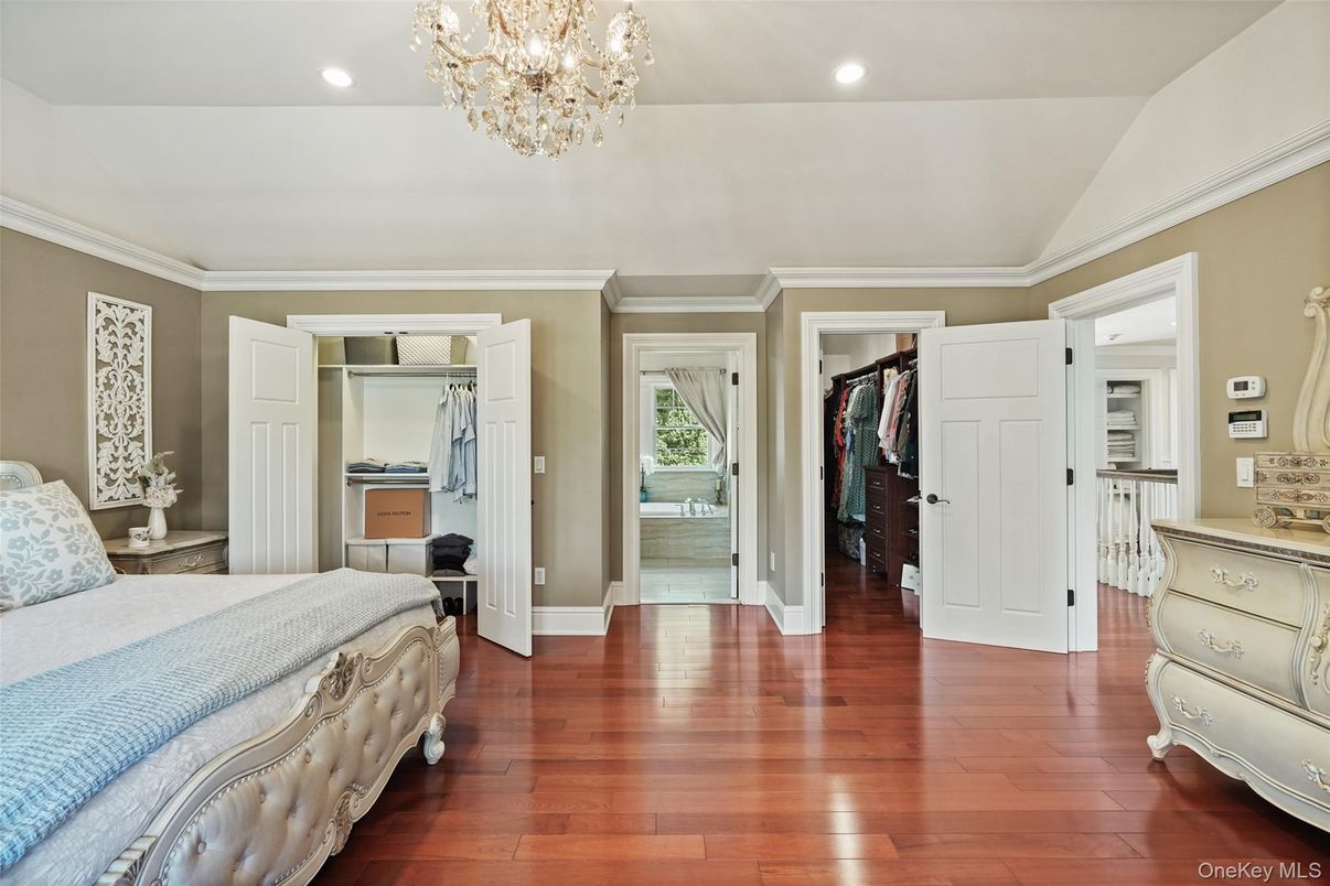 Bedroom, Chandelier, Interior, Recessed Lighting, Wood Texture Flooring