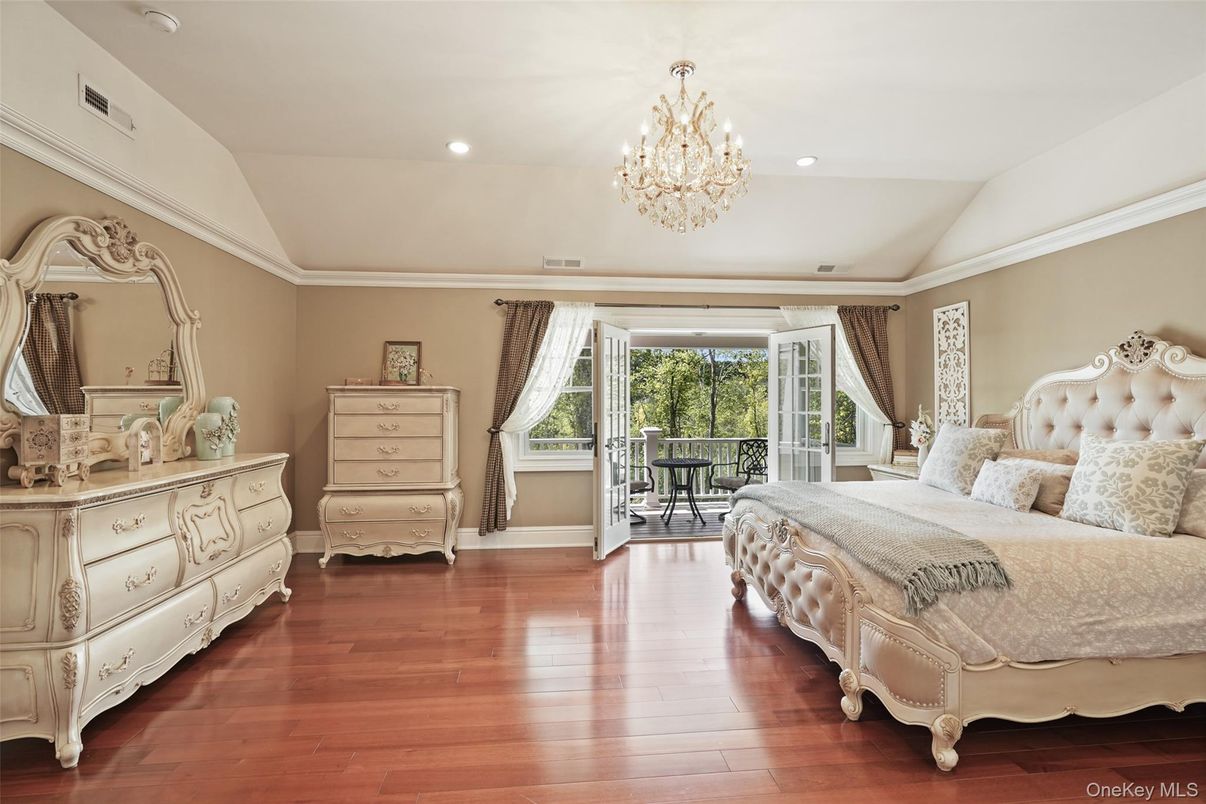 Bedroom, Chandelier, Interior, Recessed Lighting, Wood Texture Flooring