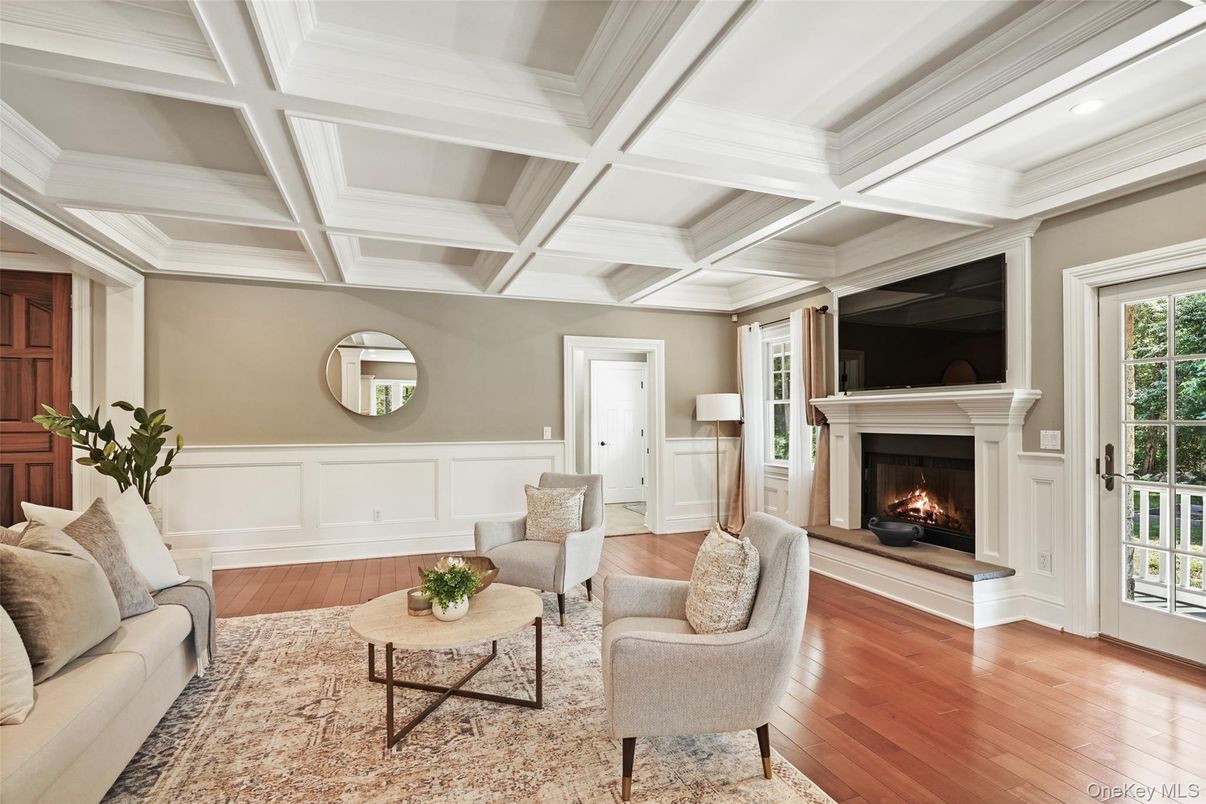 Fireplace, Interior, Living room, Recessed Lighting, Wood Texture Flooring