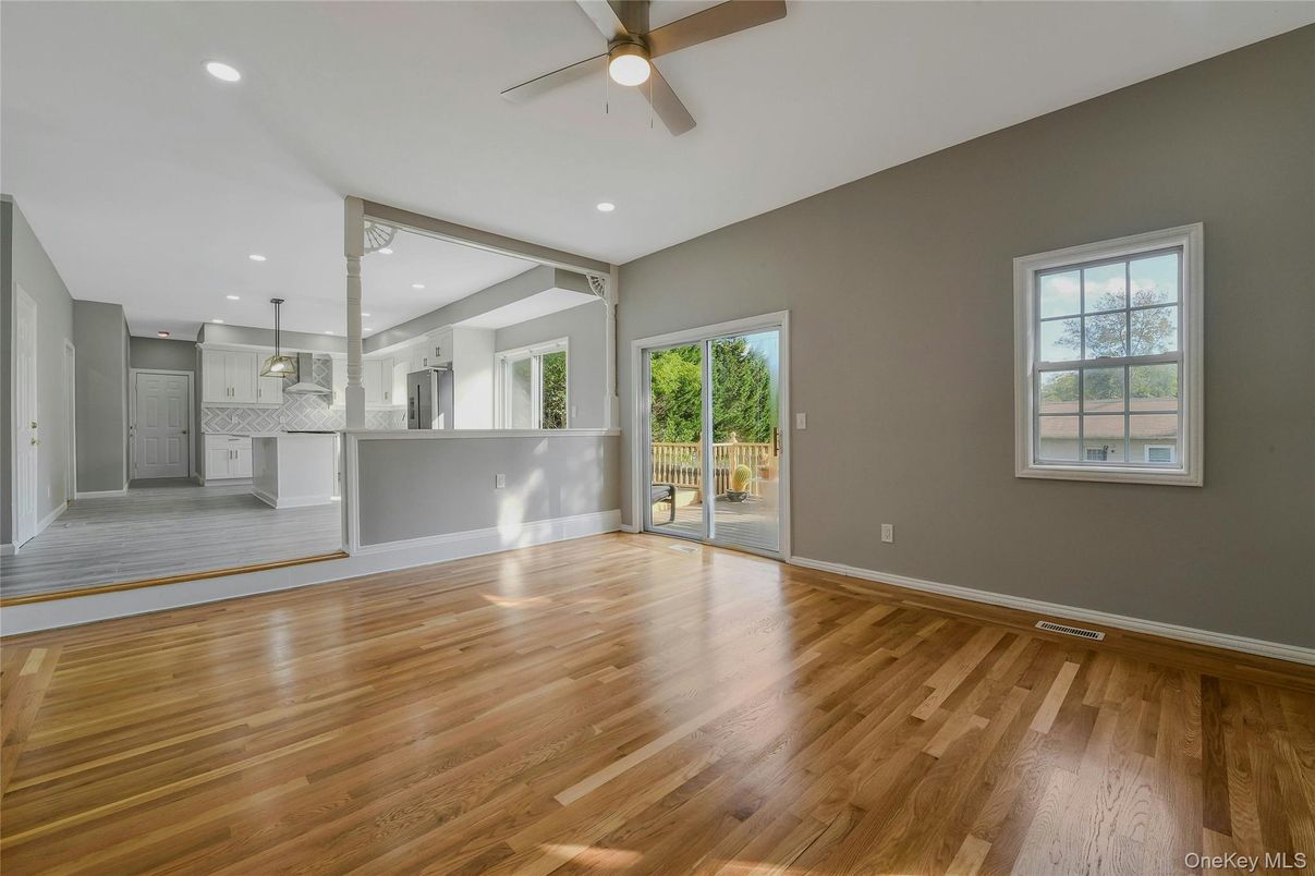Empty room, Interior, Kitchen, Pendant Lights, Recessed Lighting, Wood Texture Flooring