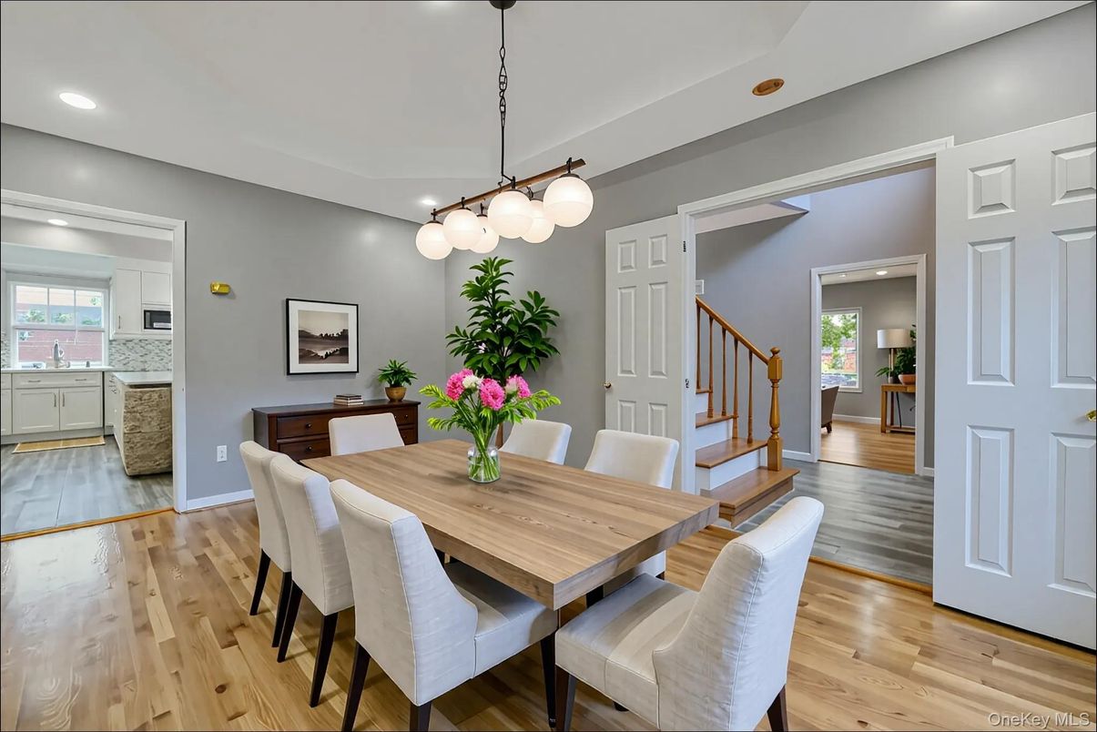 Dining room, Interior, Pendant Lights, Recessed Lighting, Wood Texture Flooring