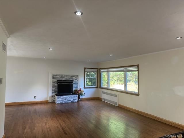 Empty room, Fireplace, Interior, Recessed Lighting, Wood Texture Flooring