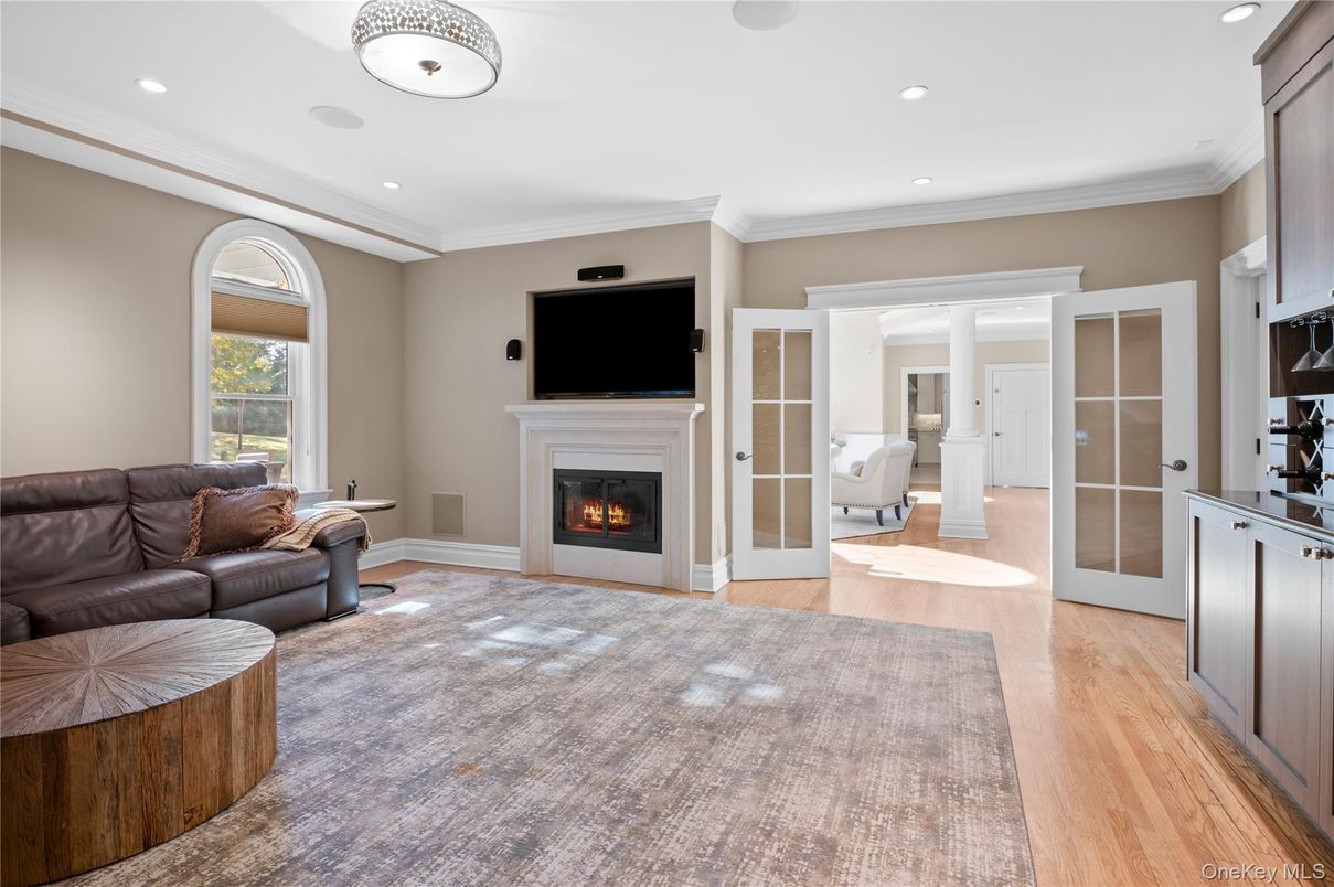 Fireplace, Interior, Living room, Recessed Lighting, Wood Texture Flooring
