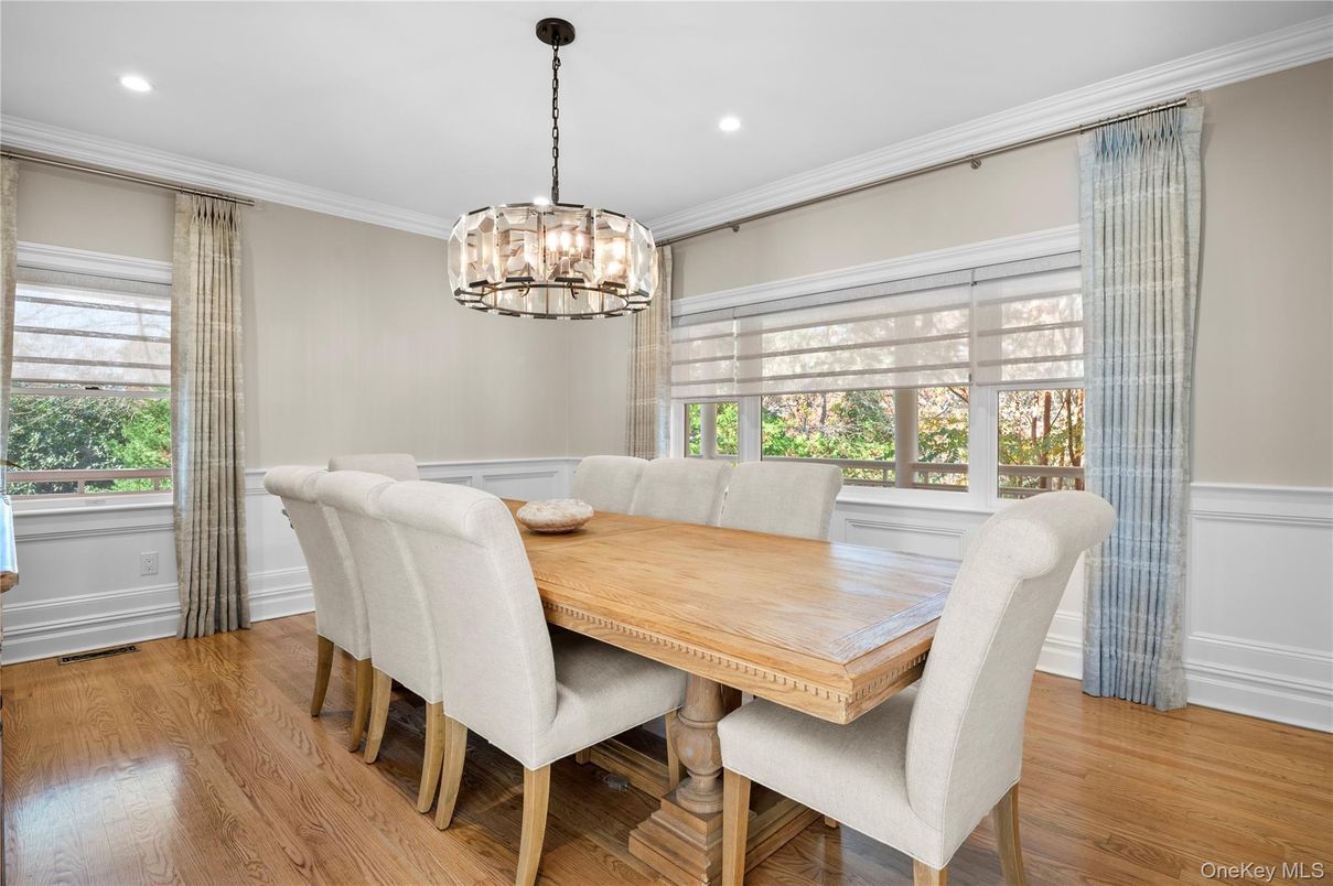Dining room, Interior, Pendant Lights, Recessed Lighting, Wood Texture Flooring