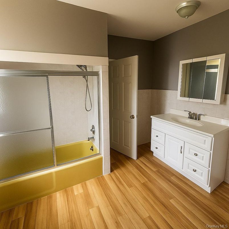 Bathroom, Glass Shower, Interior, Wood Texture Flooring