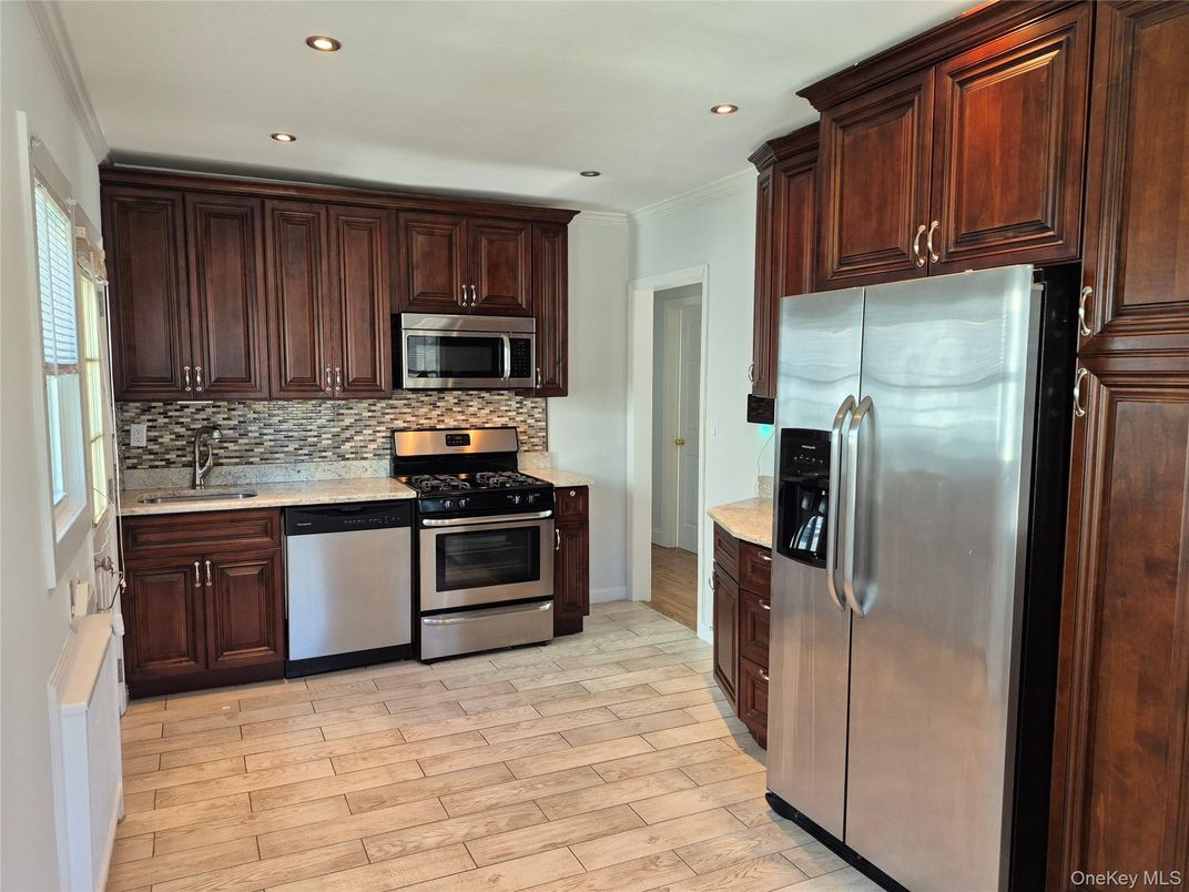 Interior, Kitchen, Recessed Lighting, Stainless Steel Appliances, Wood Texture Flooring
