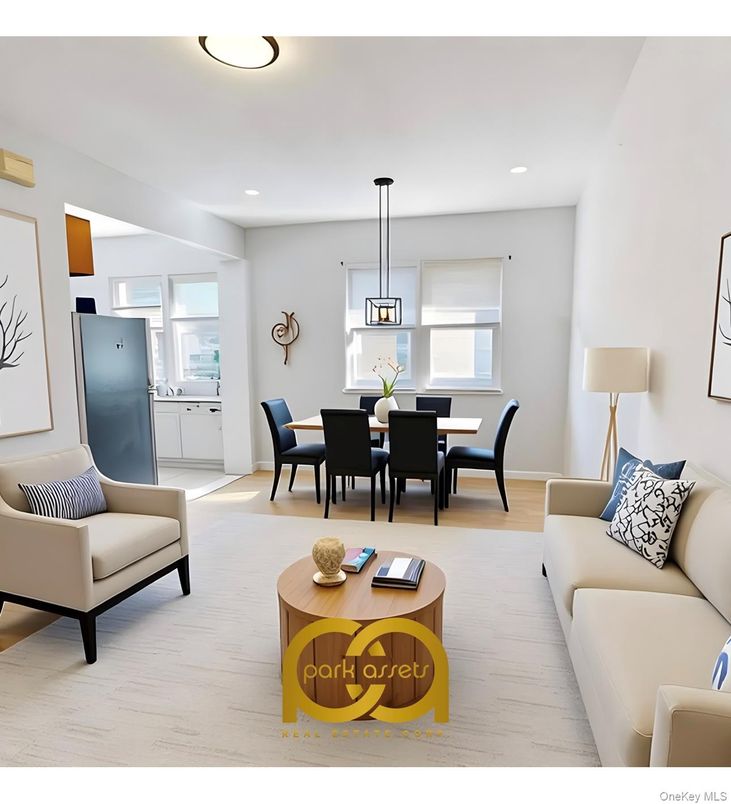 Dining room, Interior, Living room, Pendant Lights, Recessed Lighting, Wood Texture Flooring