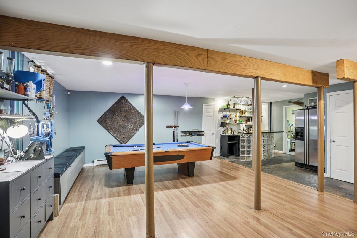 Billiard Table, Game Room, Interior, Pendant Lights, Recessed Lighting, Wood Texture Flooring