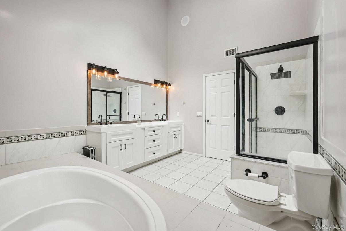 Bathroom, Dual Sink Vanities, Glass Shower, Interior, Marble Walls