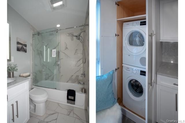 Bathroom, Glass Shower, Interior, Marble, Marble Walls, Recessed Lighting, Utility Closets, Washer