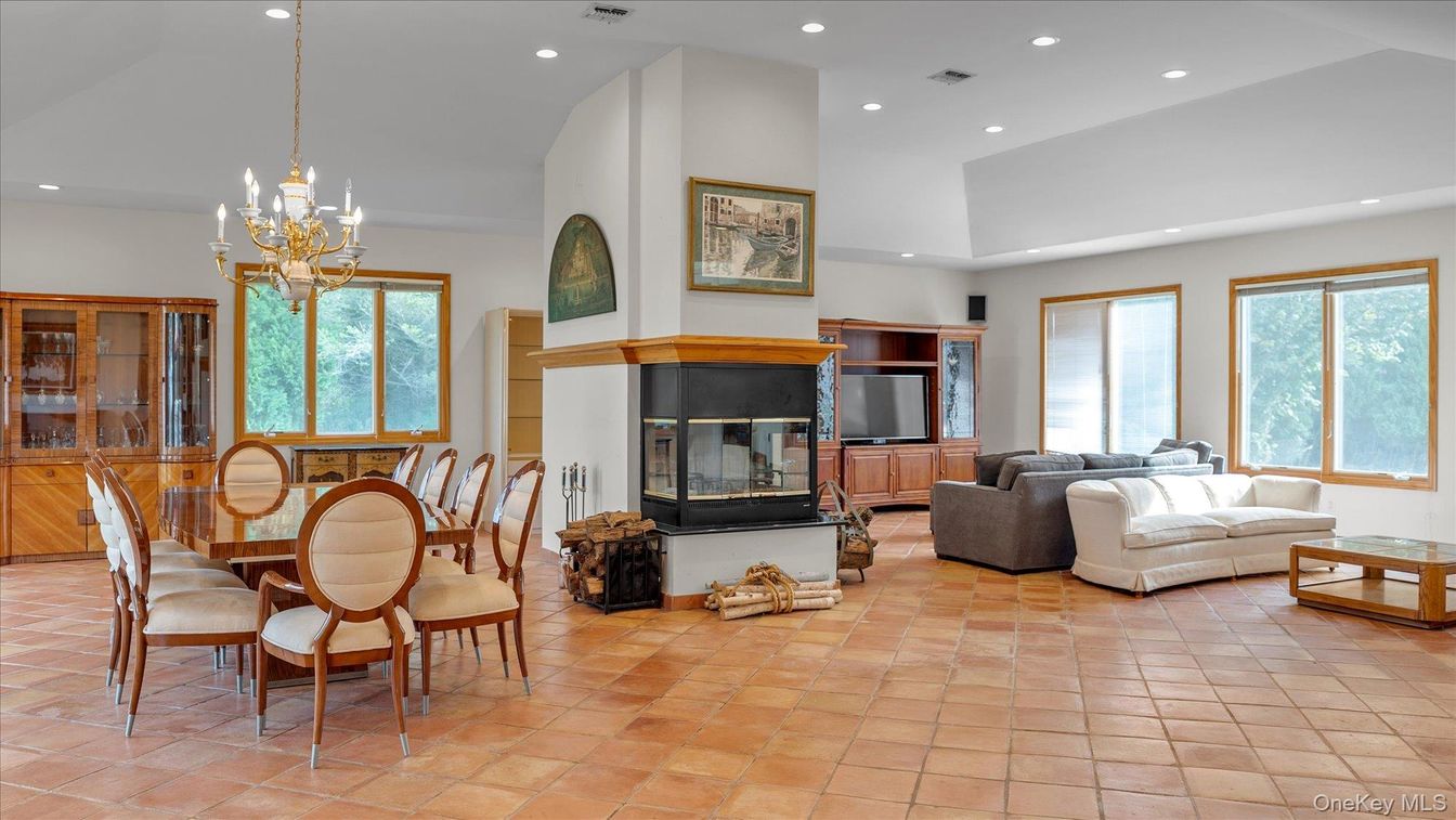 Chandelier, Dining room, Fireplace, Interior, Living room, Recessed Lighting