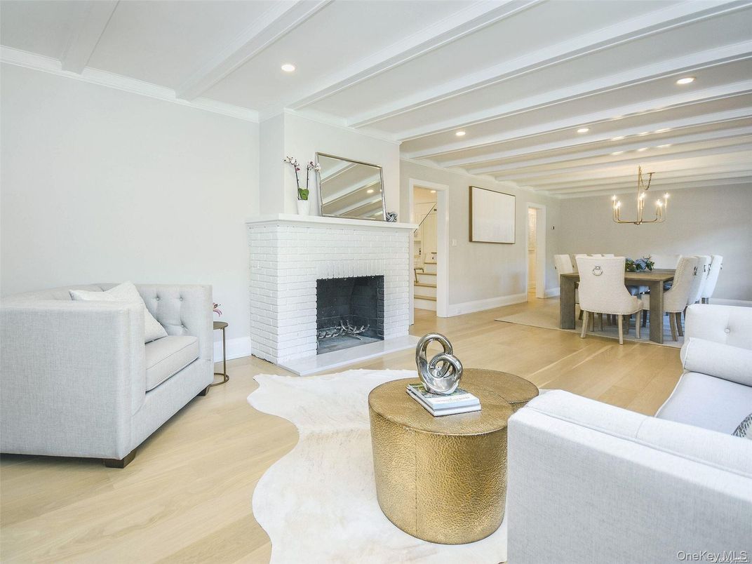 Chandelier, Dining room, Fireplace, Interior, Living room, Recessed Lighting, Wood Texture Flooring