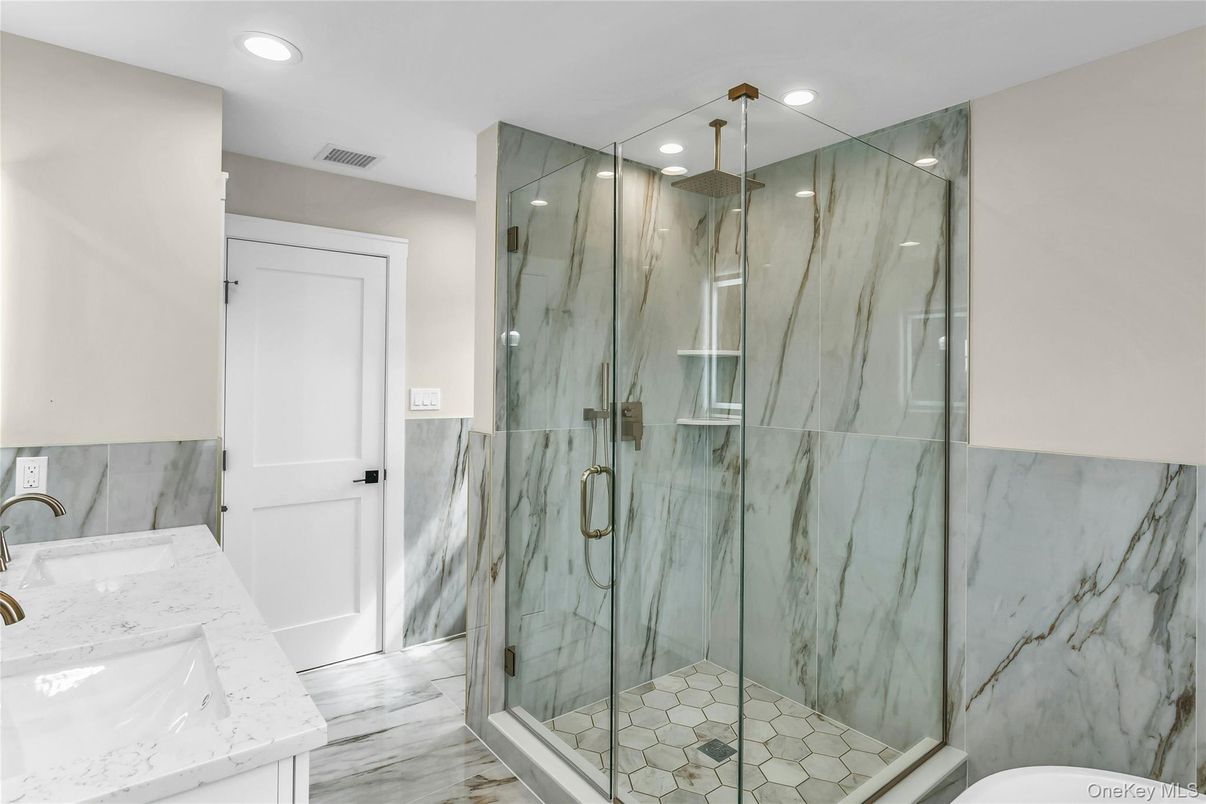 Bathroom, Glass Shower, Interior, Marble, Marble Walls, Recessed Lighting