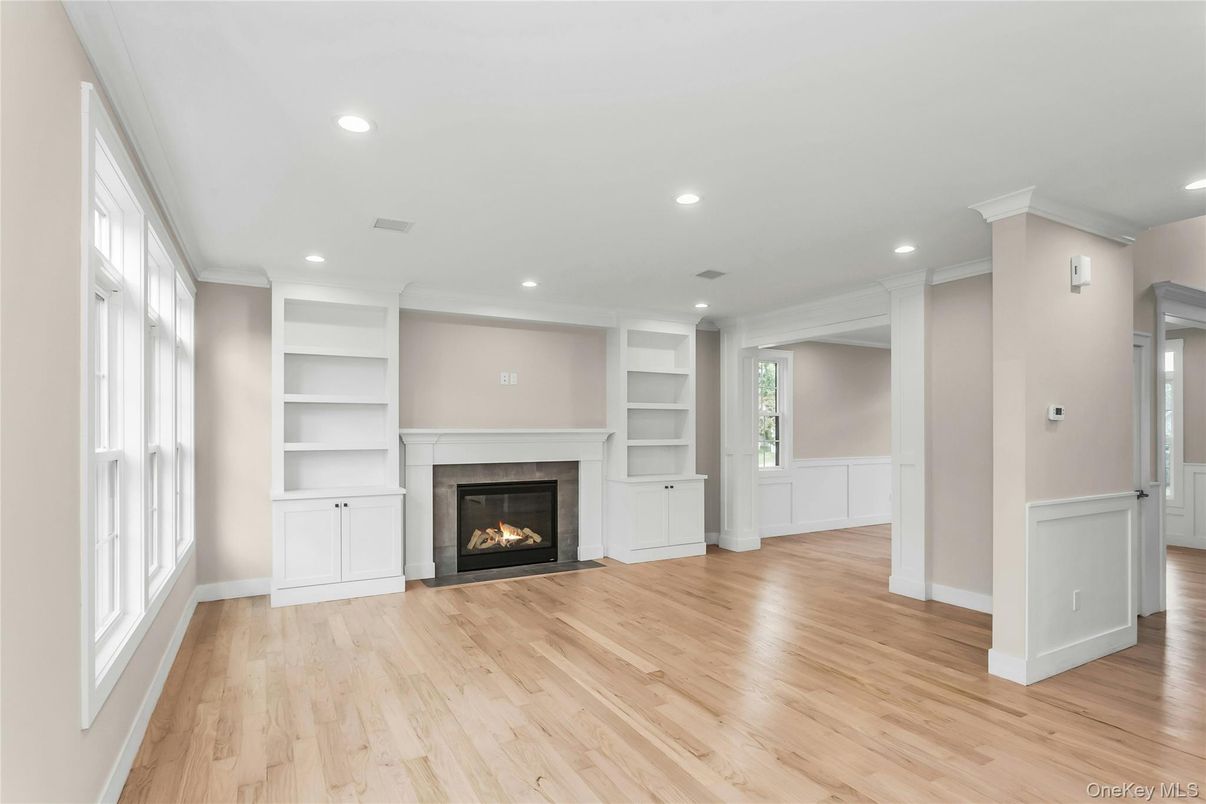 Empty room, Fireplace, Interior, Recessed Lighting, Wood Texture Flooring