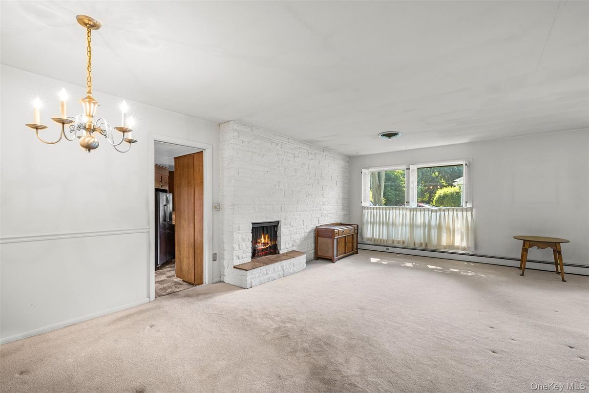 Chandelier, Empty room, Fireplace, Interior, Stone Walls