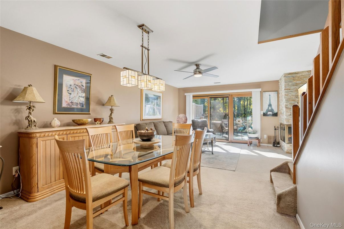 Dining room, Fireplace, Interior, Pendant Lights