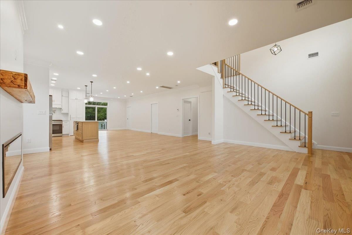 Empty room, Interior, Kitchen, Pendant Lights, Recessed Lighting, Wood Texture Flooring