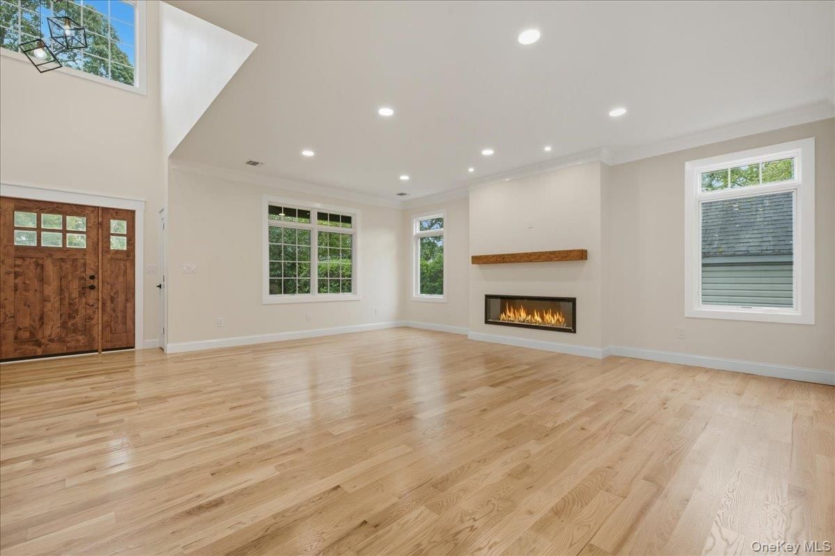 Empty room, Fireplace, Interior, Recessed Lighting, Wood Texture Flooring
