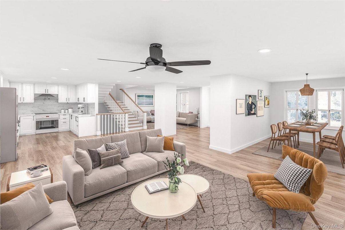 Dining room, Interior, Kitchen, Living room, Pendant Lights, Recessed Lighting, Stainless Steel Appliances, Wood Texture Flooring