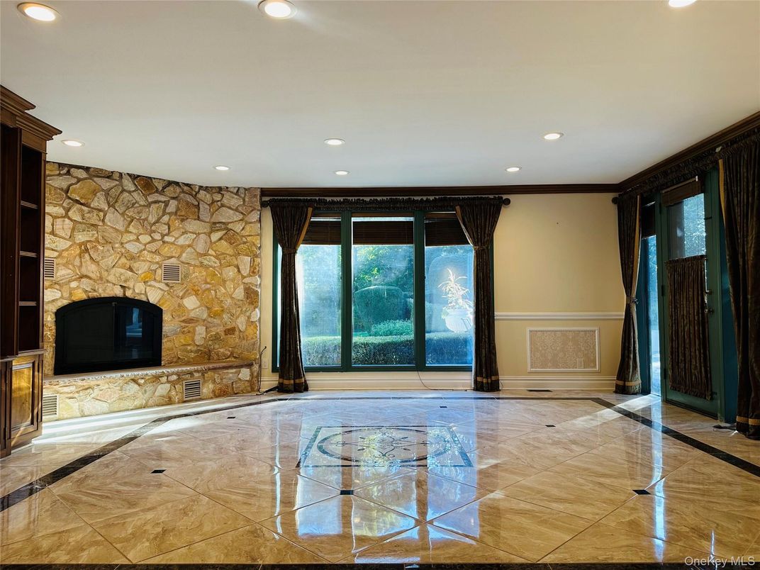 Empty room, Fireplace, Interior, Recessed Lighting, Stone Walls