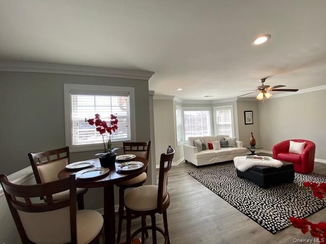 Dining room, Interior, Living room, Recessed Lighting, Wood Texture Flooring