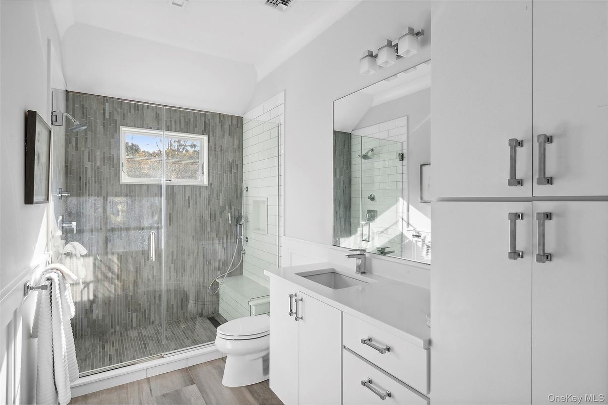 Bathroom, Glass Shower, Interior, Wood Texture Flooring