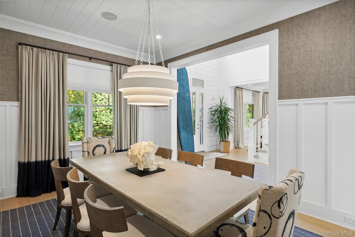 Dining room, Interior, Pendant Lights, Recessed Lighting, Wood Texture Flooring