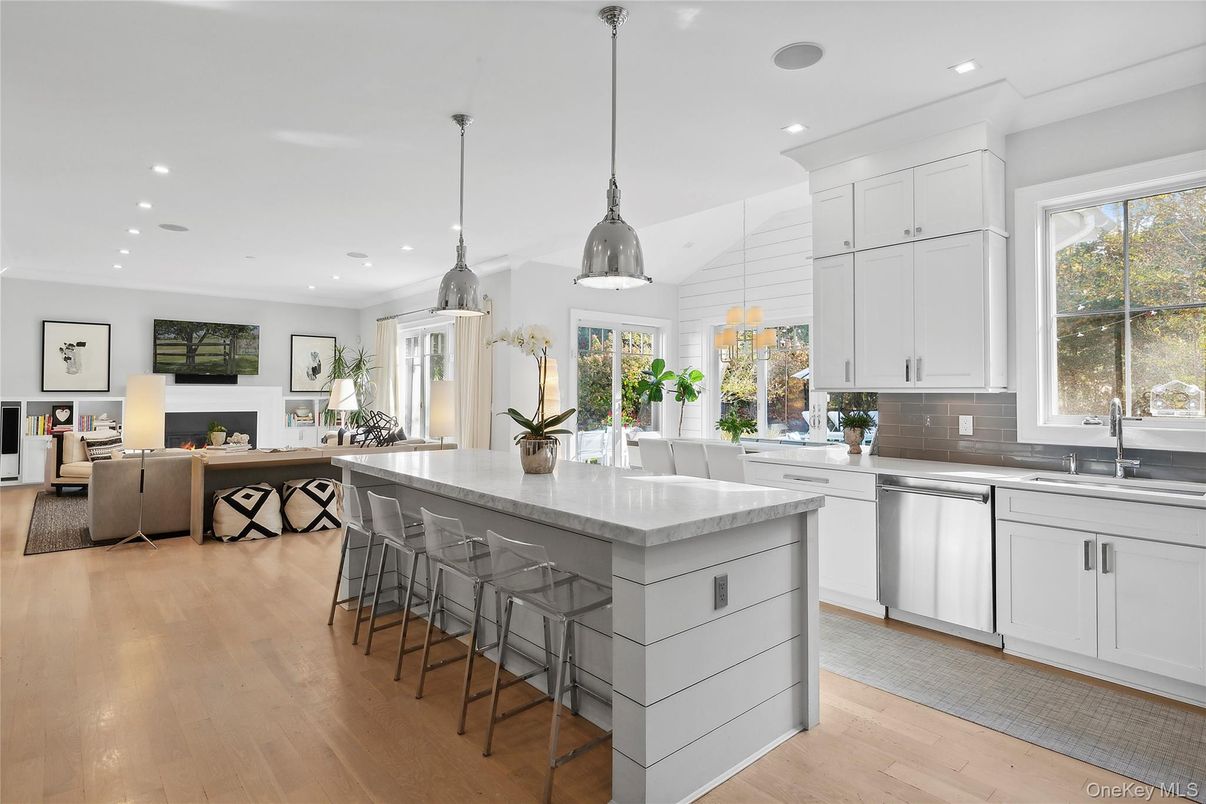 Fireplace, Interior, Kitchen, Living room, Pendant Lights, Recessed Lighting, Wood Texture Flooring