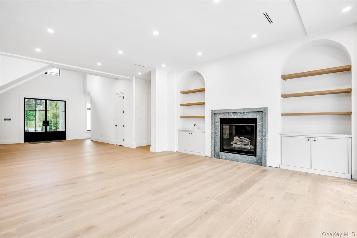 Empty room, Fireplace, Interior, Recessed Lighting, Wood Texture Flooring