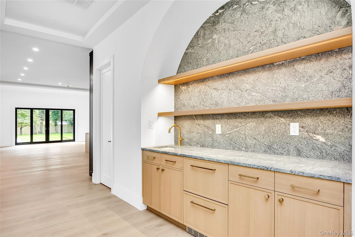 Interior, Marble Walls, Recessed Lighting, Wood Texture Flooring