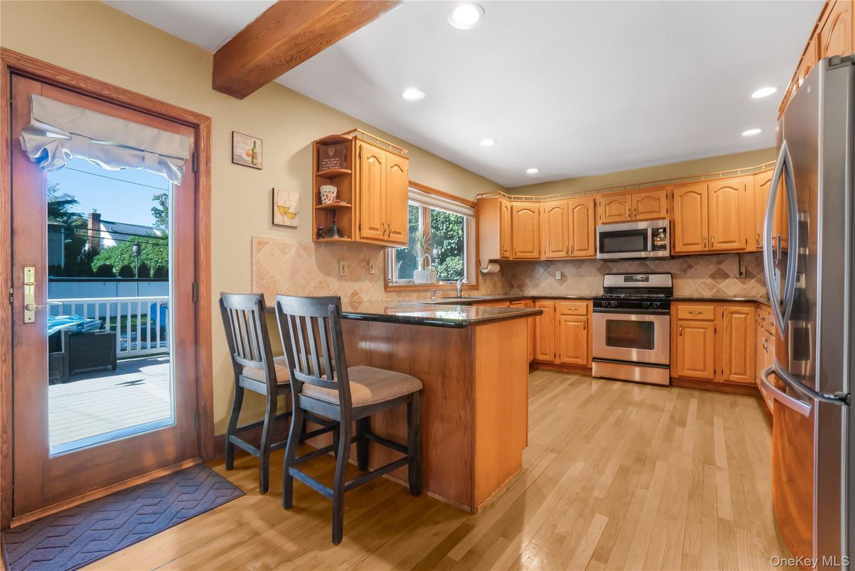 Interior, Kitchen, Recessed Lighting, Stainless Steel Appliances, Wooden Beams, Wood Texture Flooring