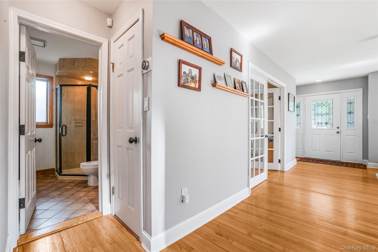 Bathroom, Glass Shower, Interior, Recessed Lighting, Wood Texture Flooring