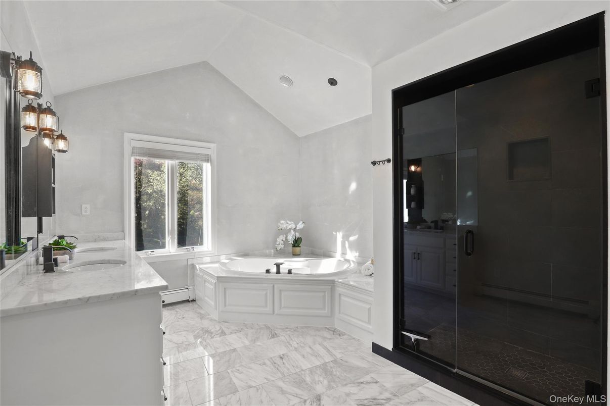 Bathroom, Glass Shower, Interior, Marble, Recessed Lighting