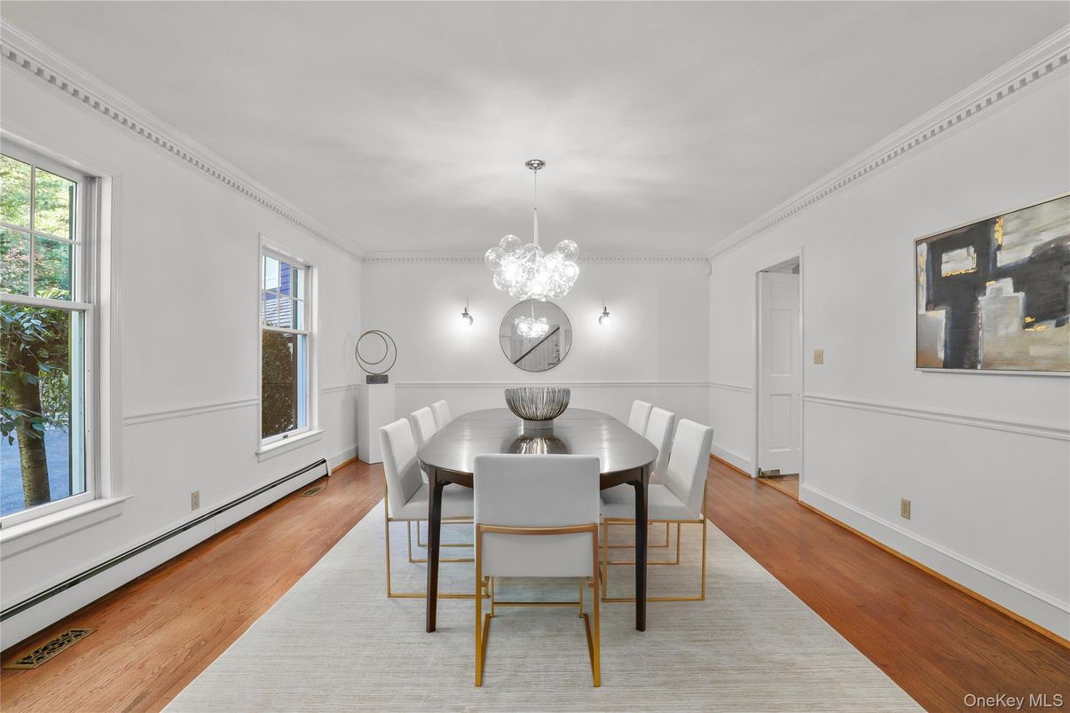 Dining room, Interior, Pendant Lights, Wood Texture Flooring