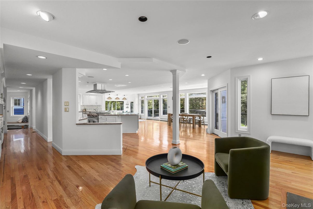Dining room, Interior, Kitchen, Living room, Recessed Lighting, Wood Texture Flooring